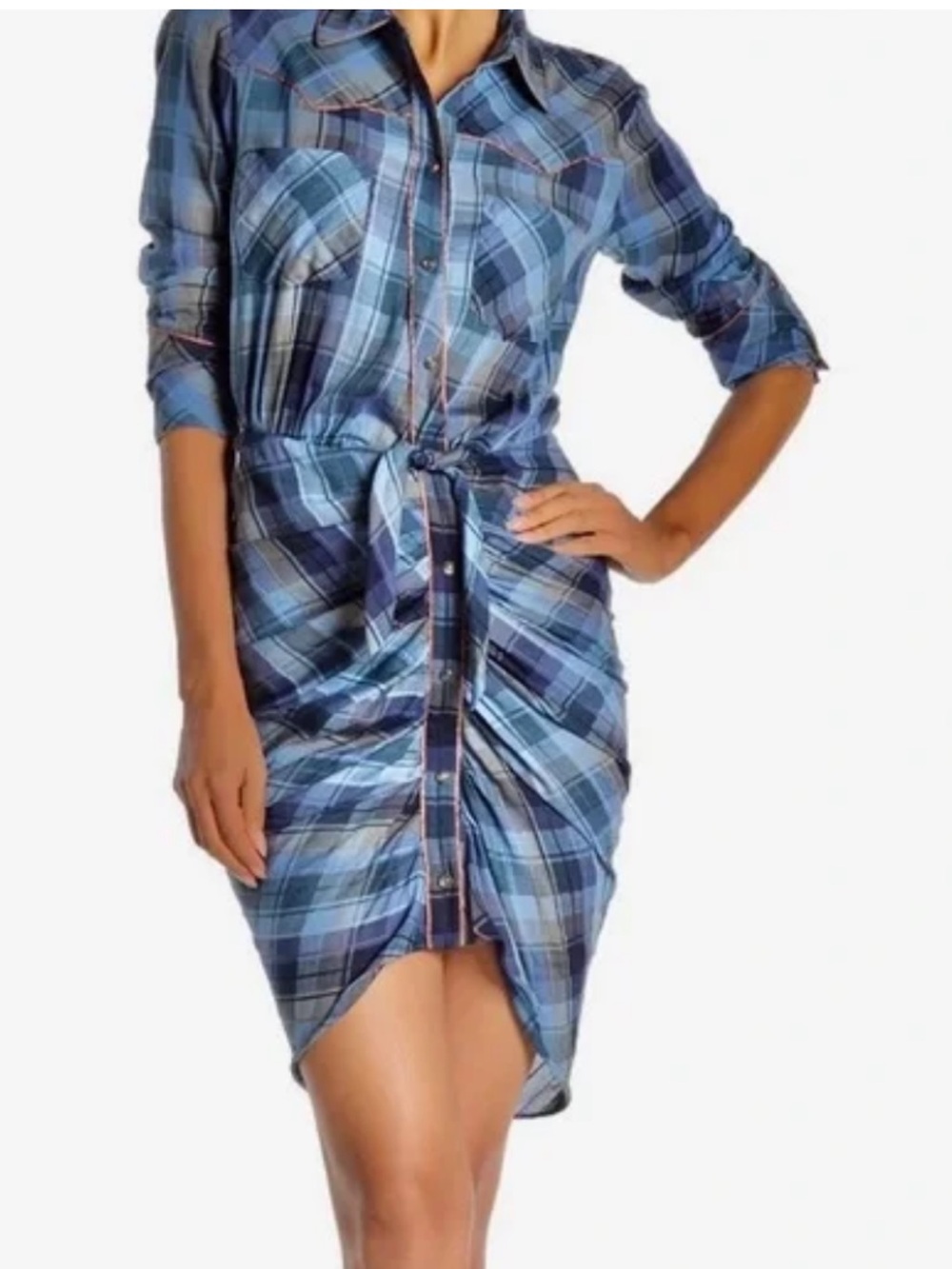 Veronica Beard Navy and Light Blue Plaid Shirt Dress with Orange Piping